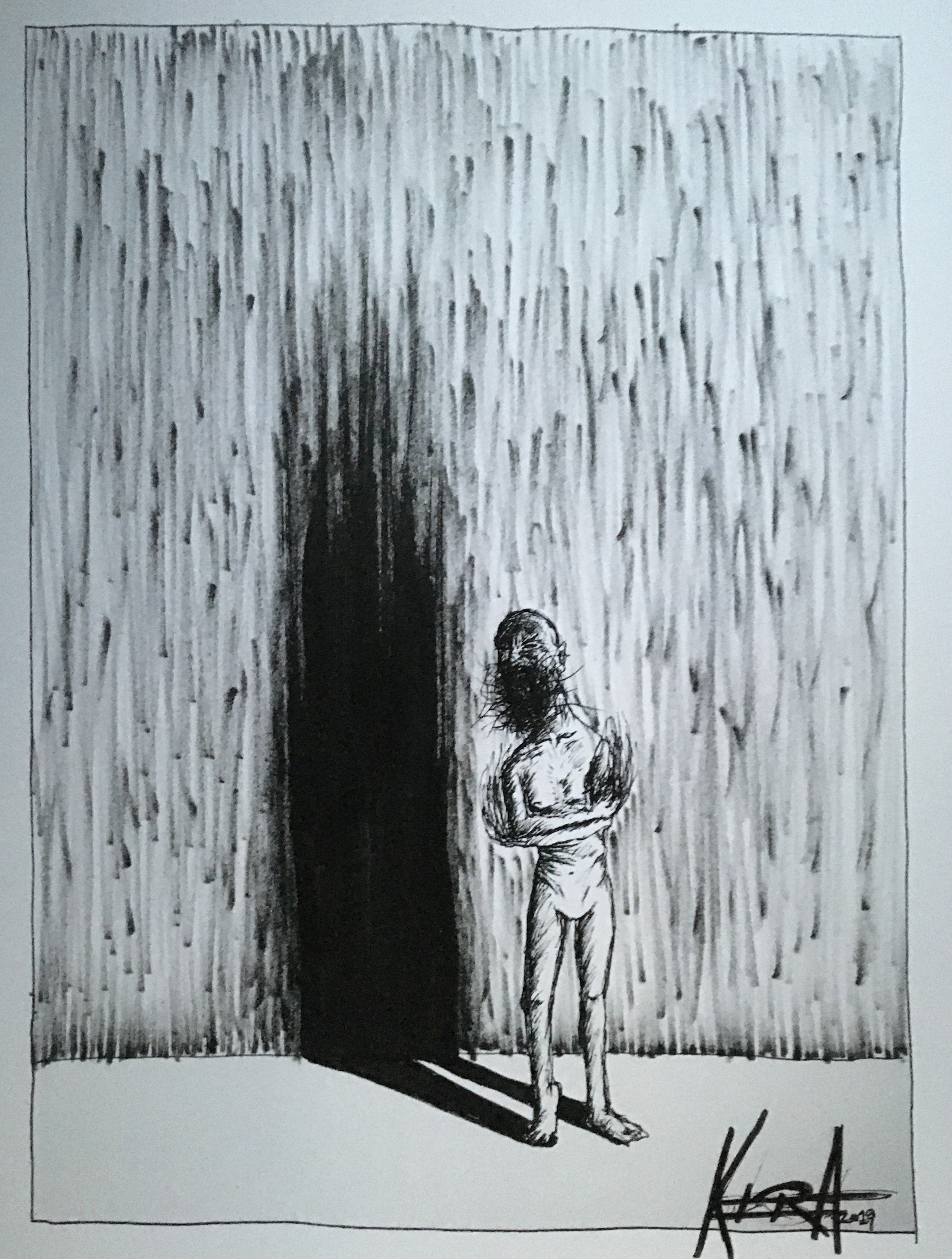 Drawing of a distorted figure standing in a room with a large monolithic shadow on the wall beind them