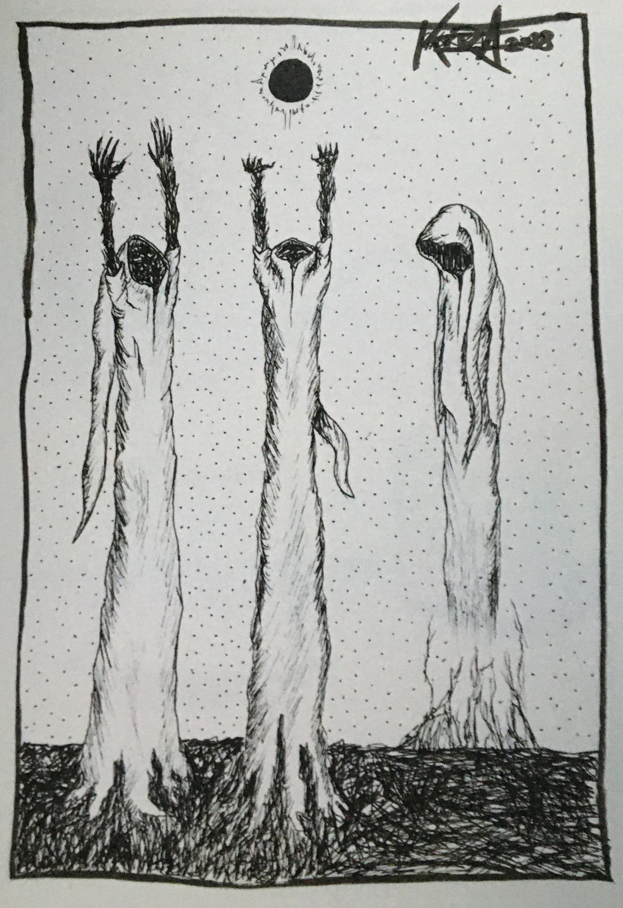 Drawing of three robed figures, the first two with their arms facing up towards a blacked out sun, the third with their head bowed, rising from the ground