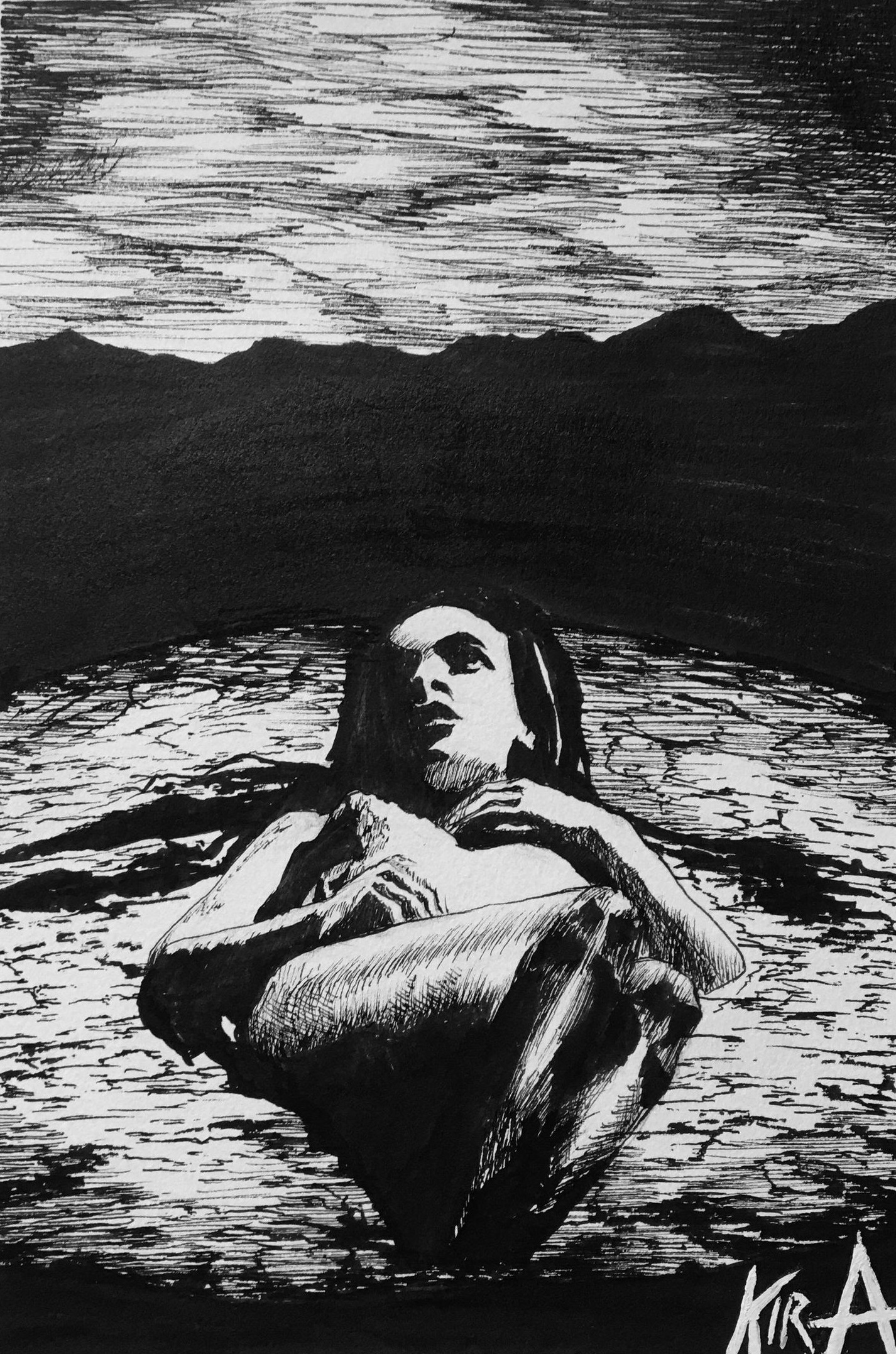 Drawing of a woman lying in dirt surrounded by a mountain range