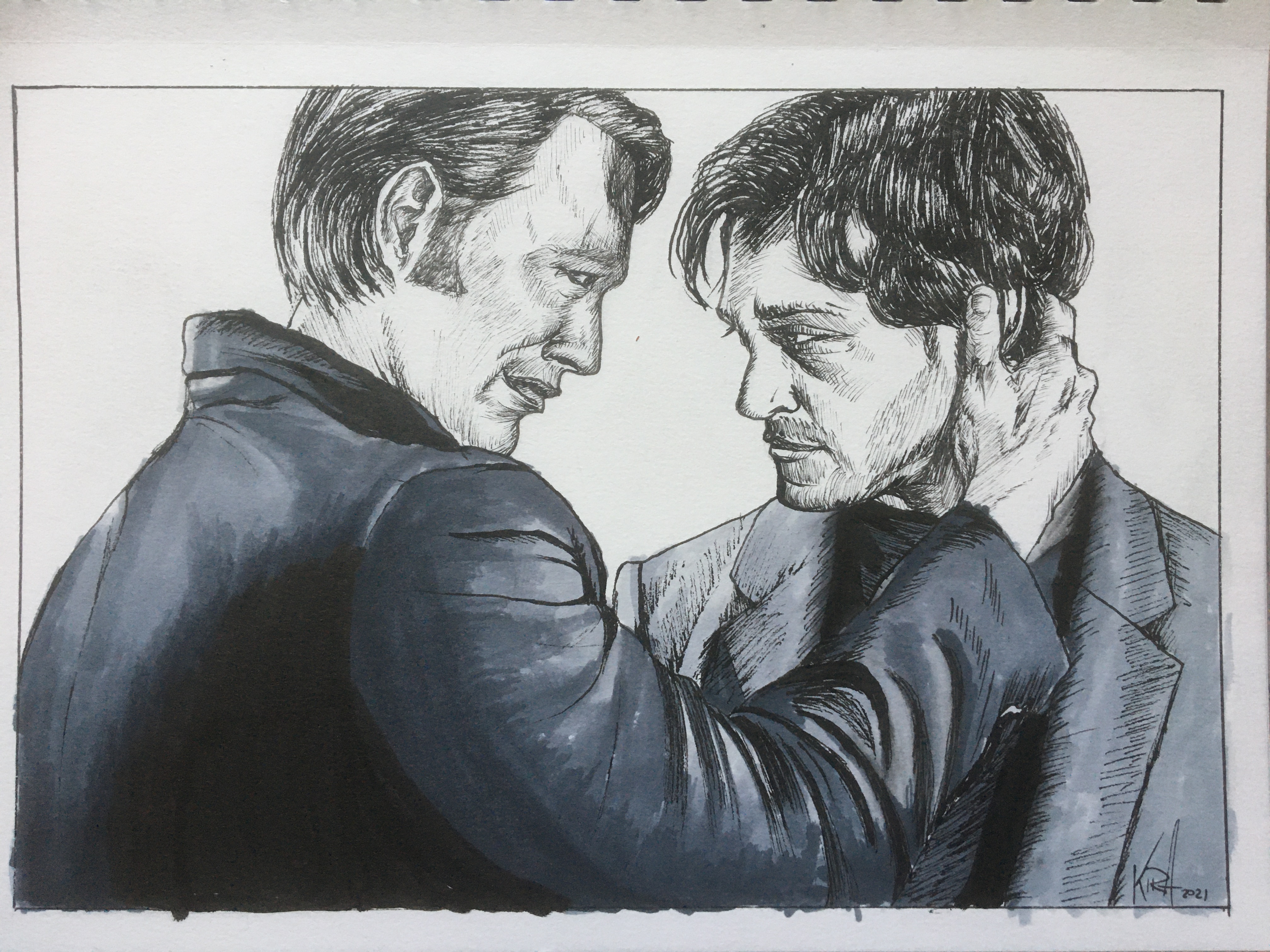 Drawing of Hannibal Lecter grasping the back of Will Graham's head