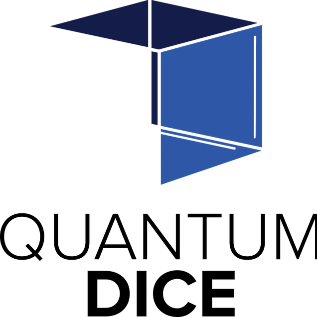 The logo for "QUANTUM DICE" with an abstract blue cube above the bold, capitalized text.