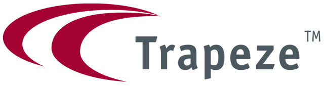 Logo of Trapeze featuring a stylized red trapezoid shape to the left of the word "Trapeze" in grey font with a trademark symbol.