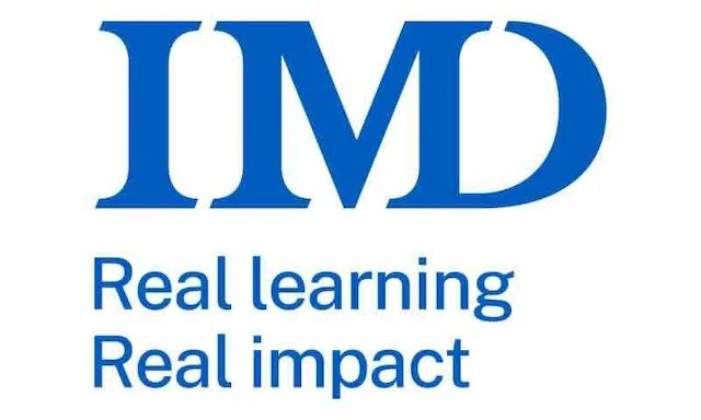  Logo of IMD Business School featuring the letters "IMD" in bold blue font, with the tagline "Real learning Real impact" beneath it.