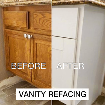 Before and after of refaced vanity cabinets