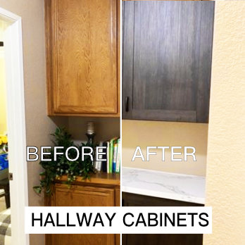 Before and after of a refaced hallway cabinet