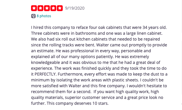 Positive review of a cabinet refacing company