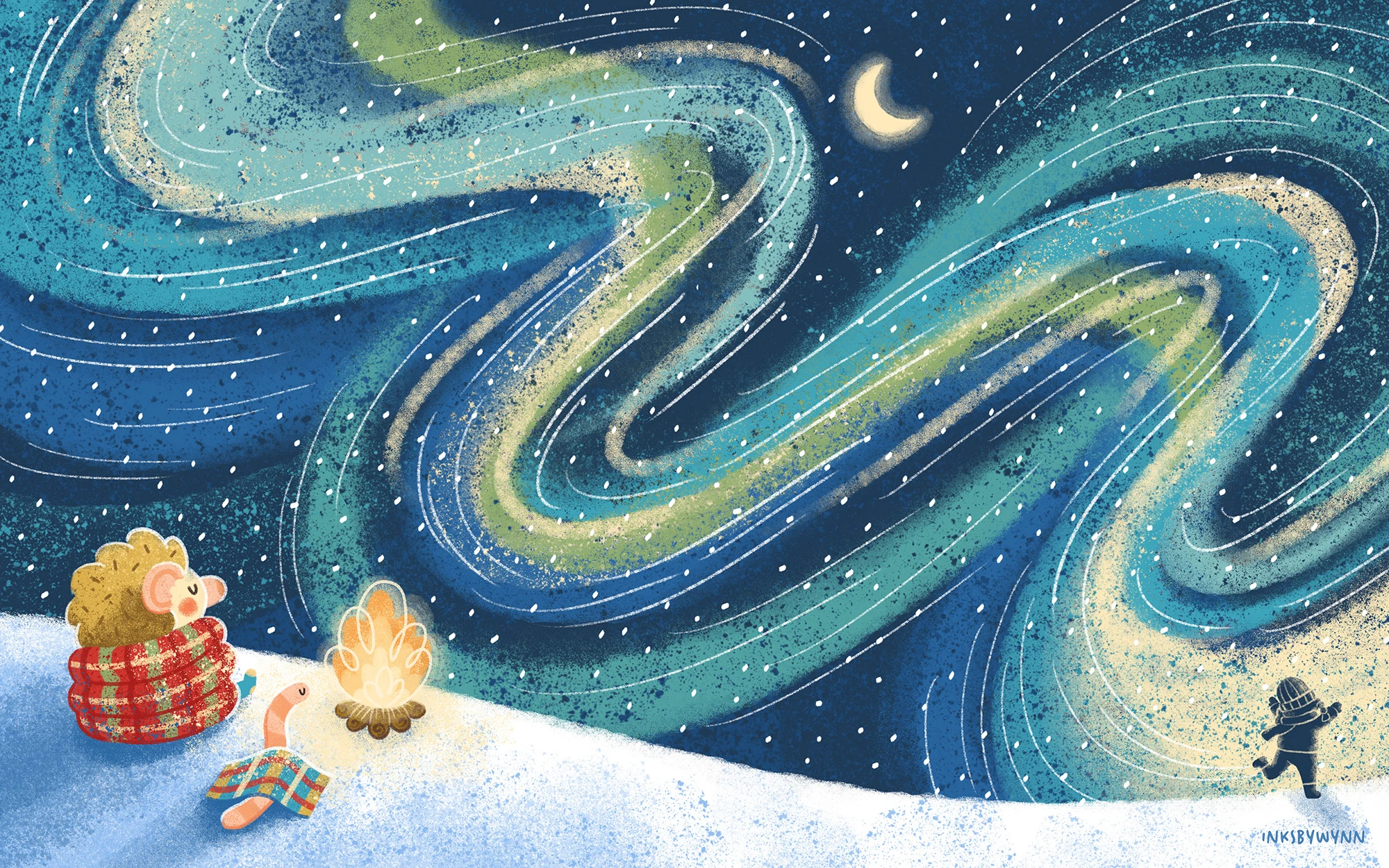 An illustration of a hedgehog and worm snuggling under a cozy blanket next to a campfire as a little girl frolics in the distance under a vast sky of northern lights and blowing snow